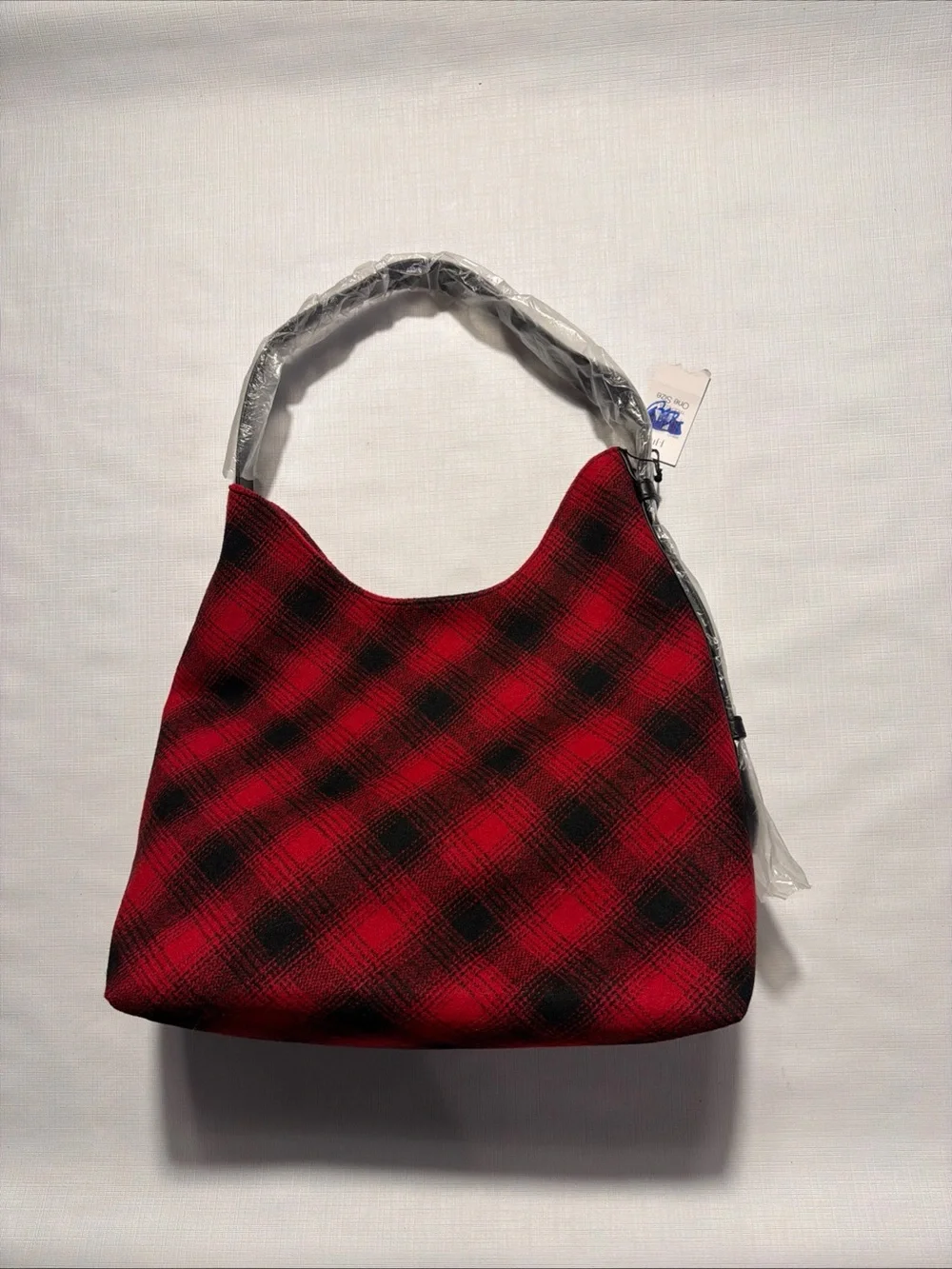 J.JILL Large Red Black Leather Buffalo Plaid Wool Blend Hobo Shoulder Bag New